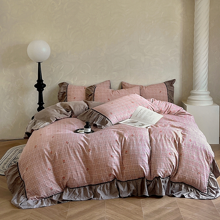 春光里 2025新款高克重亚麻皱皱纱四件套 落日玫瑰