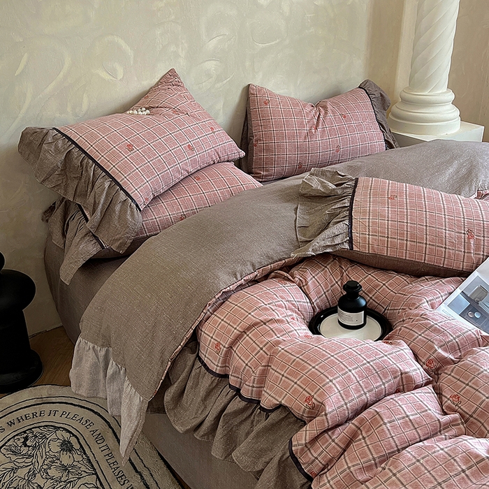 91家纺网 家纺一手货源 找家纺 春光里 2025新款高克重亚麻皱皱纱四件套 落日玫瑰