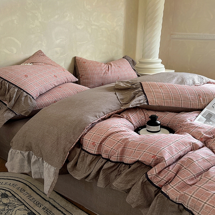 91家纺网 家纺一手货源 找家纺 春光里 2025新款高克重亚麻皱皱纱四件套 落日玫瑰