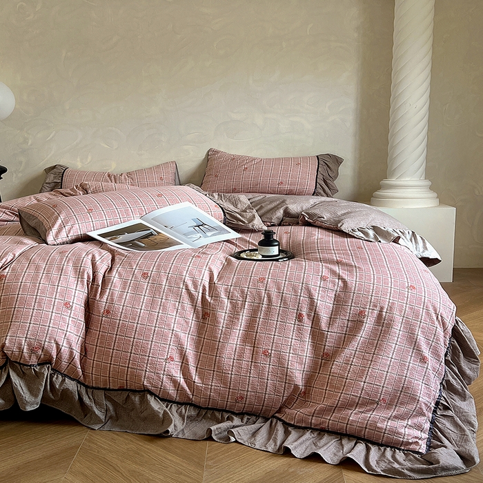 91家纺网 家纺一手货源 找家纺 春光里 2025新款高克重亚麻皱皱纱四件套 落日玫瑰