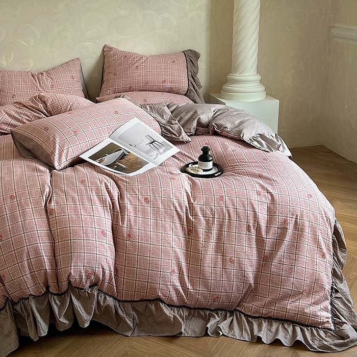 91家纺网 家纺一手货源 找家纺 春光里 2025新款高克重亚麻皱皱纱四件套 落日玫瑰