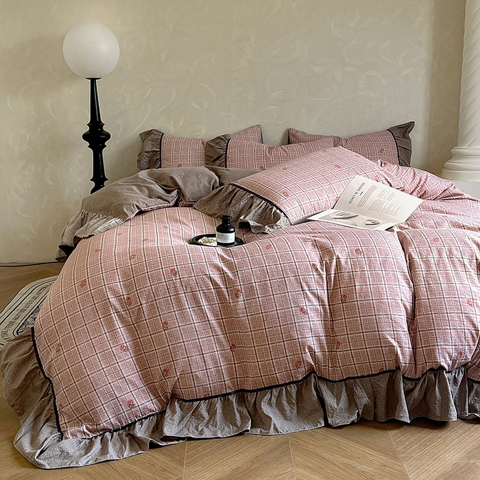 91家纺网 家纺一手货源 找家纺 春光里 2025新款高克重亚麻皱皱纱四件套 落日玫瑰