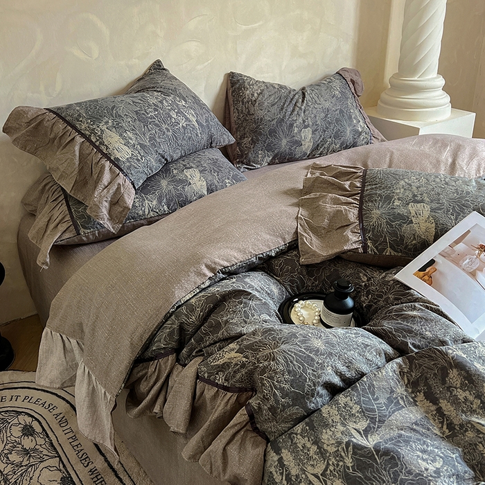 91家纺网 家纺一手货源 找家纺 春光里 2025新款高克重亚麻皱皱纱四件套 秘境