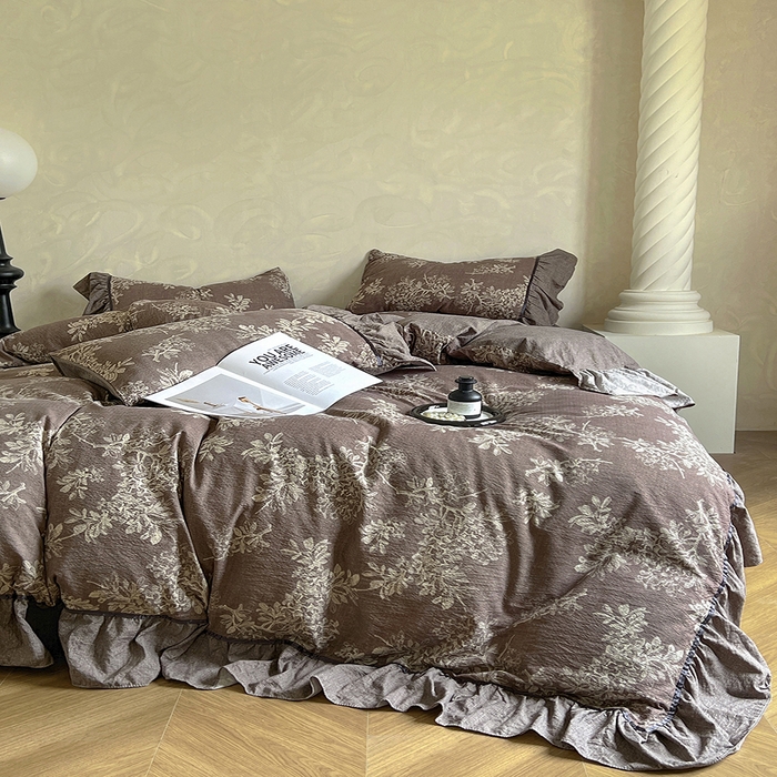 91家纺网 家纺一手货源 找家纺 春光里 2025新款高克重亚麻皱皱纱四件套 暮色