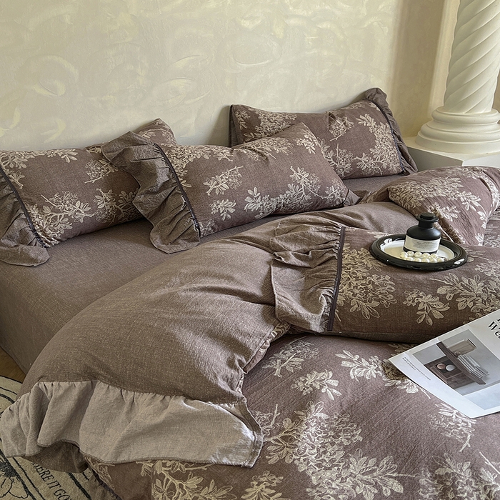 91家纺网 家纺一手货源 找家纺 春光里 2025新款高克重亚麻皱皱纱四件套 暮色