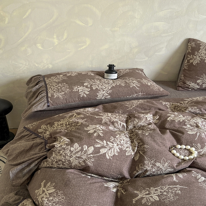 91家纺网 家纺一手货源 找家纺 春光里 2025新款高克重亚麻皱皱纱四件套 暮色