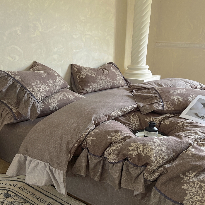 91家纺网 家纺一手货源 找家纺 春光里 2025新款高克重亚麻皱皱纱四件套 暮色