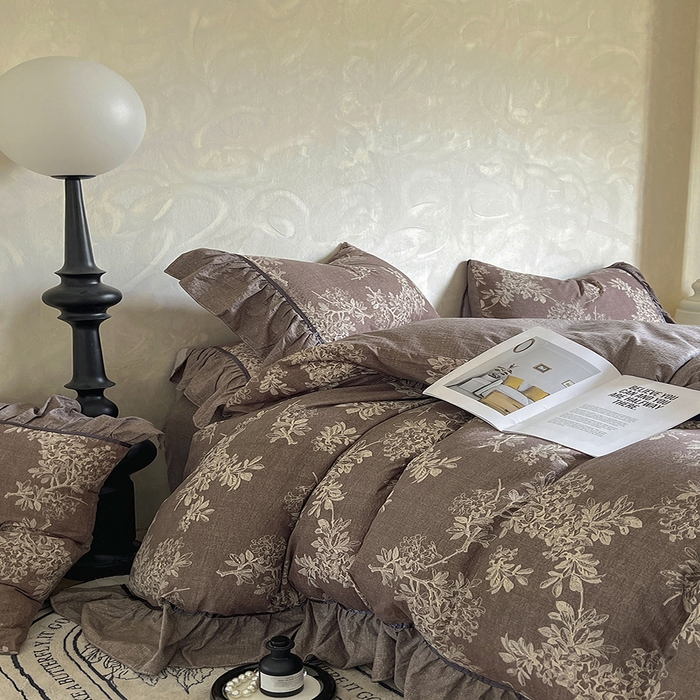 91家纺网 家纺一手货源 找家纺 春光里 2025新款高克重亚麻皱皱纱四件套 暮色