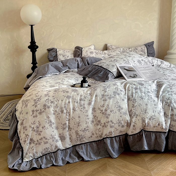 91家纺网 家纺一手货源 找家纺 春光里 2025新款高克重亚麻皱皱纱四件套 破晓