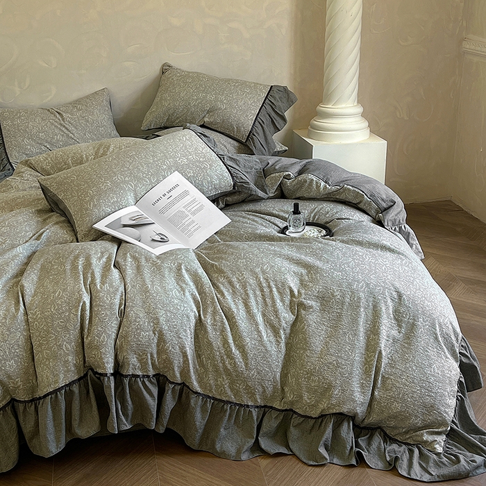 91家纺网 家纺一手货源 找家纺 春光里 2025新款高克重亚麻皱皱纱四件套 青隐