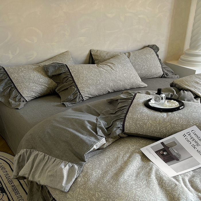 91家纺网 家纺一手货源 找家纺 春光里 2025新款高克重亚麻皱皱纱四件套 青隐