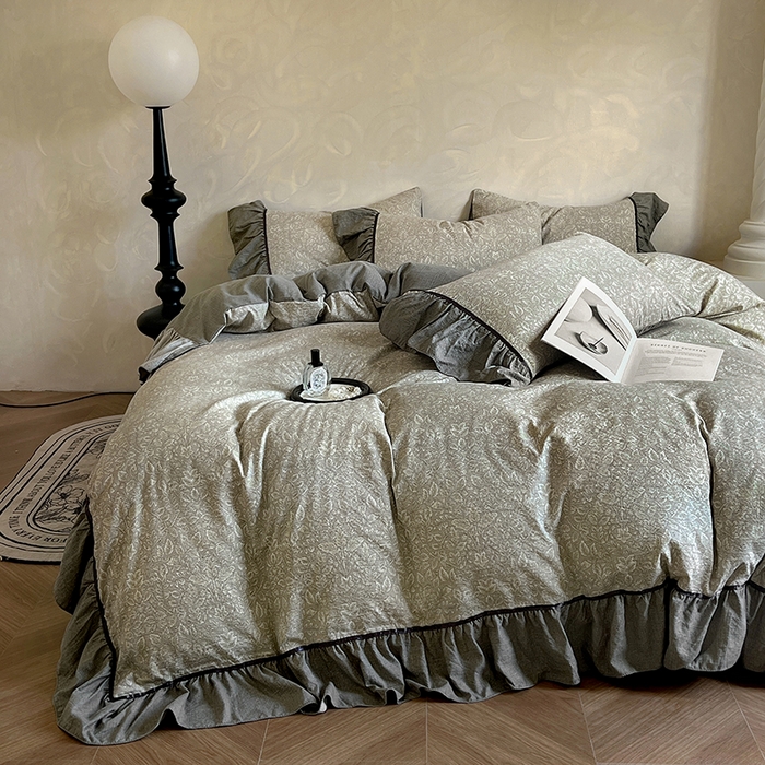 91家纺网 家纺一手货源 找家纺 春光里 2025新款高克重亚麻皱皱纱四件套 青隐