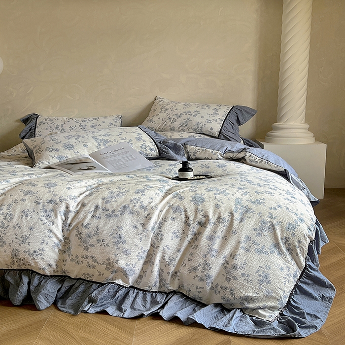 91家纺网 家纺一手货源 找家纺 春光里 2025新款高克重亚麻皱皱纱四件套 清欢