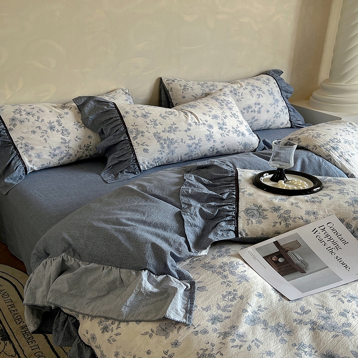 91家纺网 家纺一手货源 找家纺 春光里 2025新款高克重亚麻皱皱纱四件套 清欢