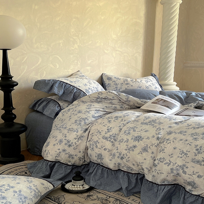 91家纺网 家纺一手货源 找家纺 春光里 2025新款高克重亚麻皱皱纱四件套 清欢