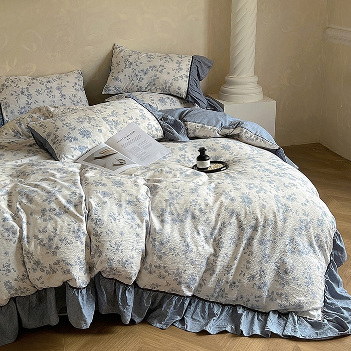 91家纺网 家纺一手货源 找家纺 春光里 2025新款高克重亚麻皱皱纱四件套 清欢