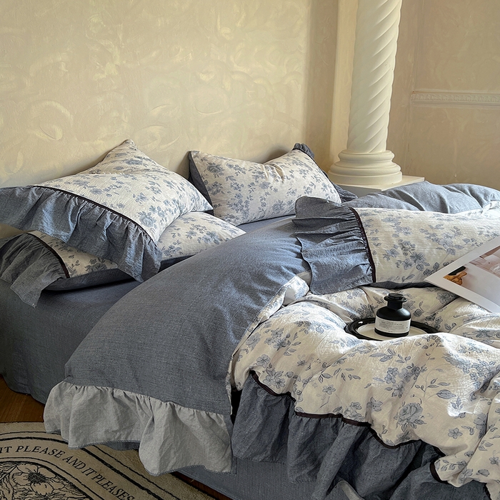 91家纺网 家纺一手货源 找家纺 春光里 2025新款高克重亚麻皱皱纱四件套 清欢