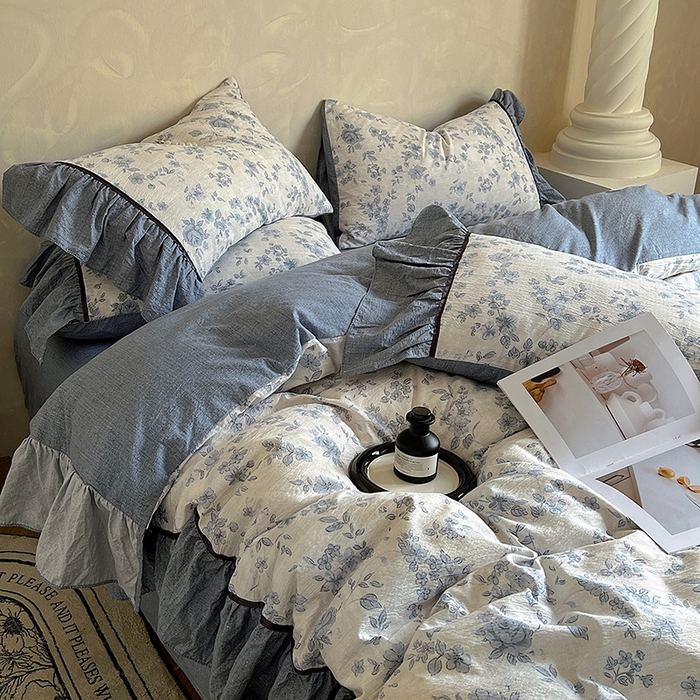 91家纺网 家纺一手货源 找家纺 春光里 2025新款高克重亚麻皱皱纱四件套 清欢