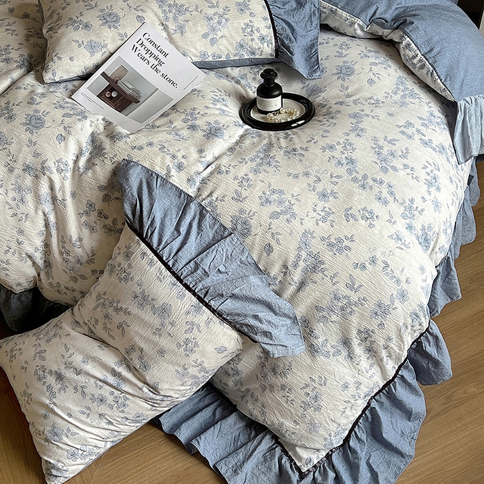 91家纺网 家纺一手货源 找家纺 春光里 2025新款高克重亚麻皱皱纱四件套 清欢