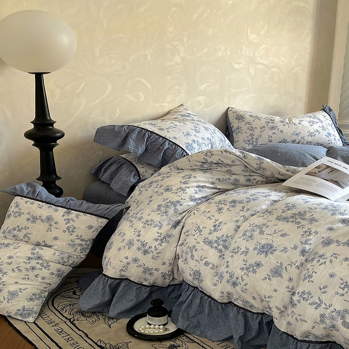 91家纺网 家纺一手货源 找家纺 春光里 2025新款高克重亚麻皱皱纱四件套 清欢