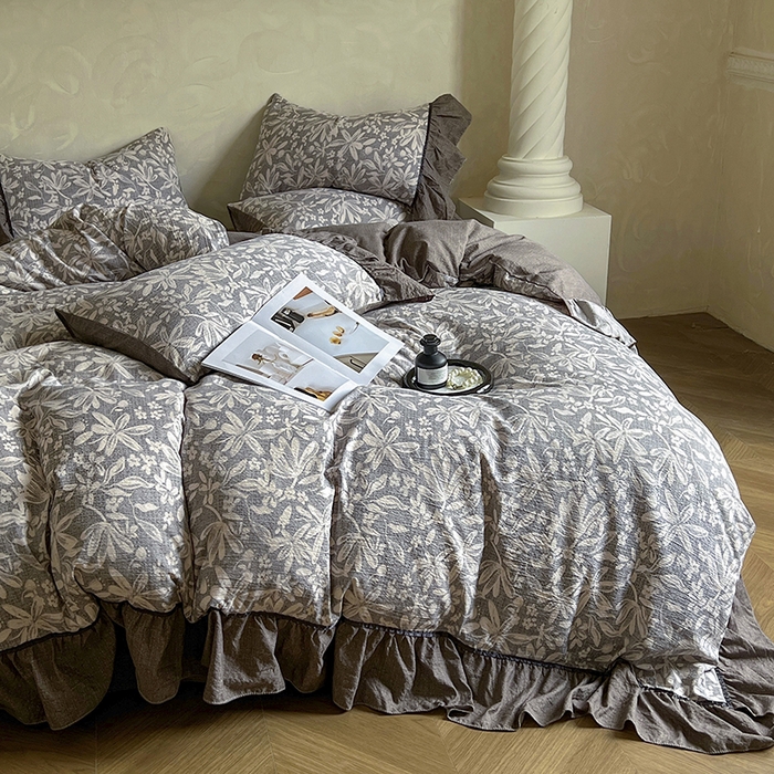 91家纺网 家纺一手货源 找家纺 春光里 2025新款高克重亚麻皱皱纱四件套 雾岛