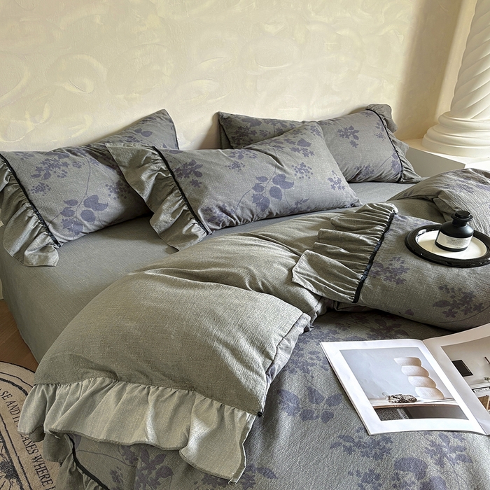 91家纺网 家纺一手货源 找家纺 春光里 2025新款高克重亚麻皱皱纱四件套 只此青绿