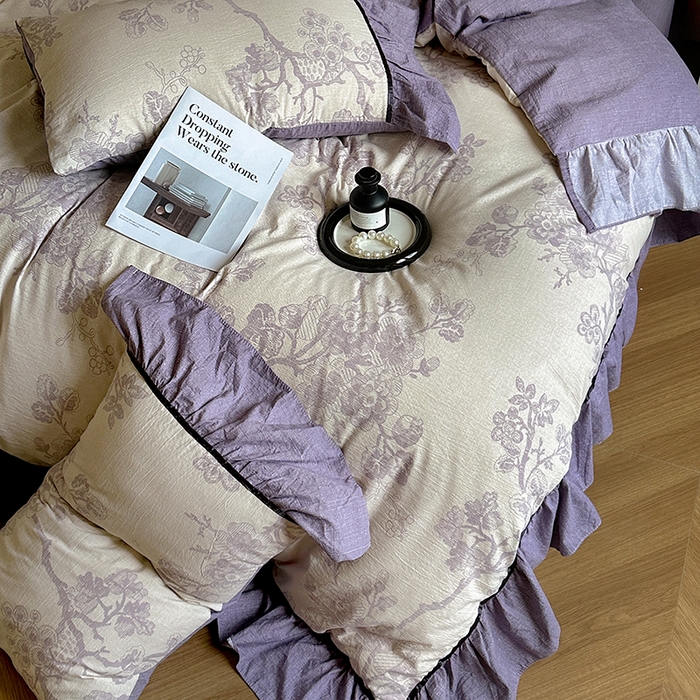 91家纺网 家纺一手货源 找家纺 春光里 2025新款高克重亚麻皱皱纱四件套 纸雀