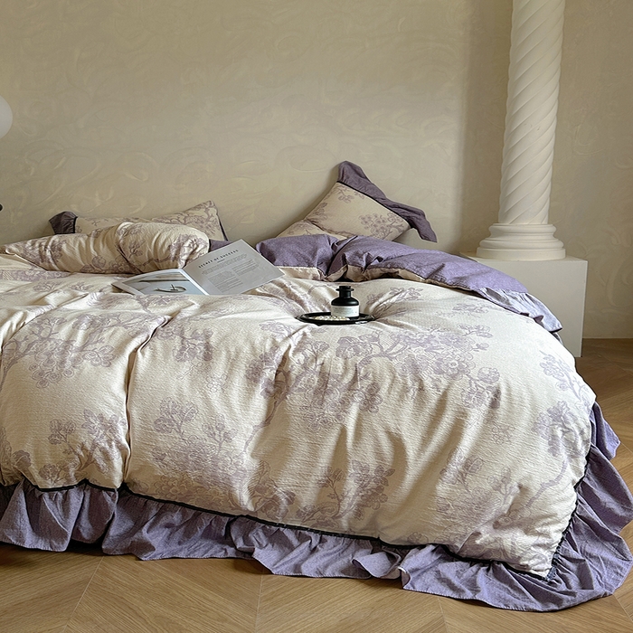 91家纺网 家纺一手货源 找家纺 春光里 2025新款高克重亚麻皱皱纱四件套 纸雀