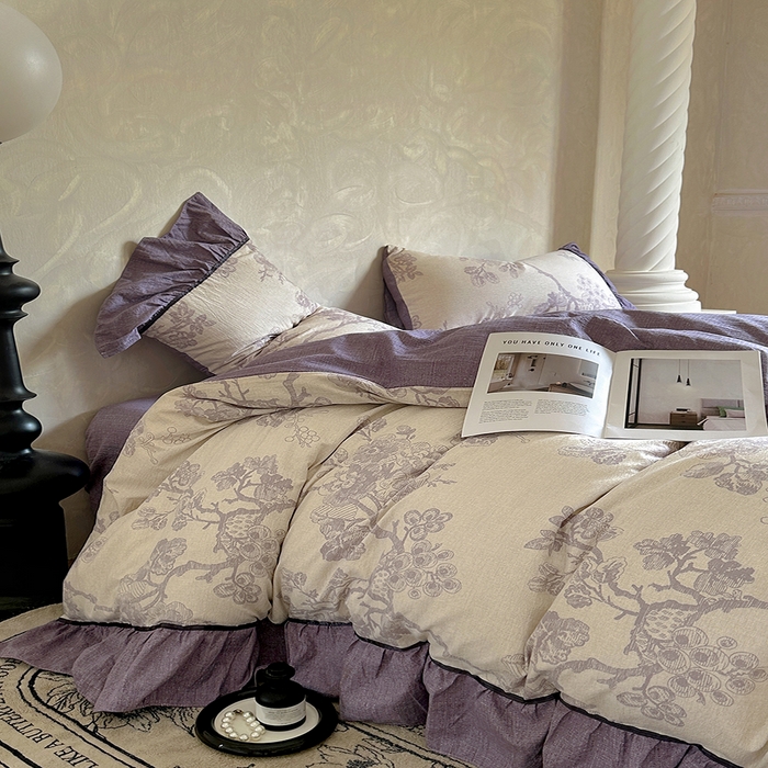 91家纺网 家纺一手货源 找家纺 春光里 2025新款高克重亚麻皱皱纱四件套 纸雀