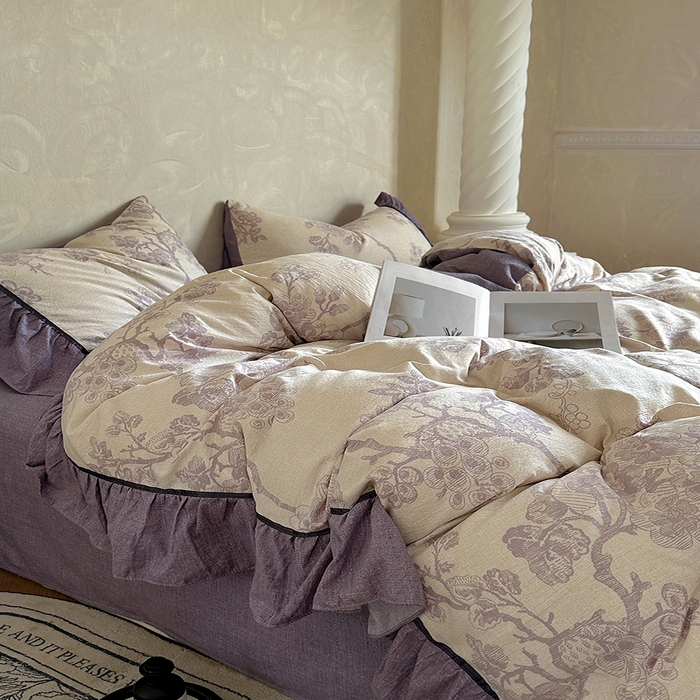 91家纺网 家纺一手货源 找家纺 春光里 2025新款高克重亚麻皱皱纱四件套 纸雀