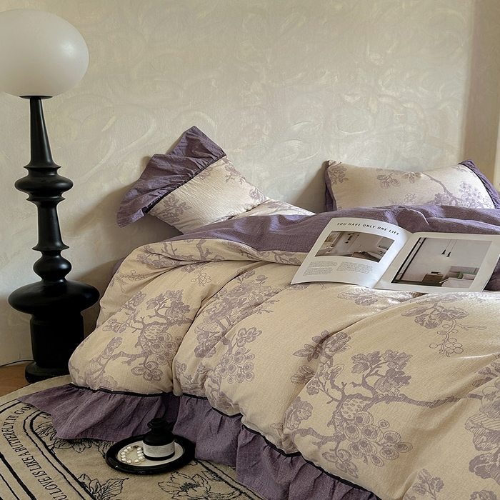 91家纺网 家纺一手货源 找家纺 春光里 2025新款高克重亚麻皱皱纱四件套 纸雀