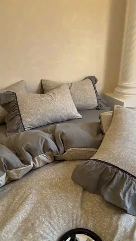 91家纺网 家纺一手货源 找家纺 春光里 2025新款高克重亚麻皱皱纱四件套 青隐