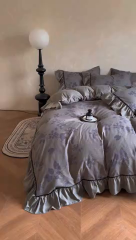 91家纺网 家纺一手货源 找家纺 春光里 2025新款高克重亚麻皱皱纱四件套 只此青绿