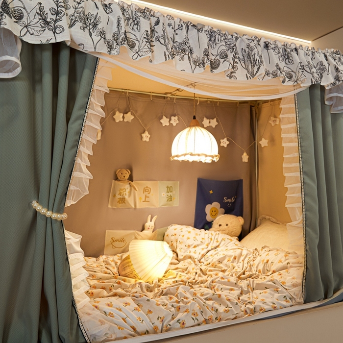 91家纺网 家纺一手货源 找家纺 飞轮海蚊帐2025新款学生宿主三开门遮光蚊帐XZ-97棉麻花边款 全底加高1.2    6面全包 芥末绿