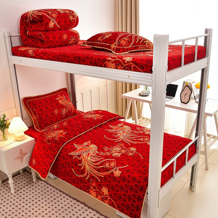 91家纺网 家纺一手货源 找家纺 硕喜 2025新款学生宿舍床系列牛奶绒学生三件套 鸾凤和鸣