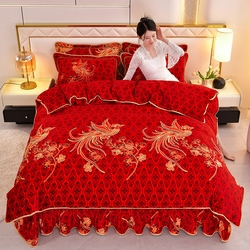 91家纺网 家纺一手货源 找家纺 硕喜 2025新款新8.5斤法莱绒四件套珊瑚牛奶金貂绒四件套床裙款 鸾凤和鸣,鸾凤和鸣