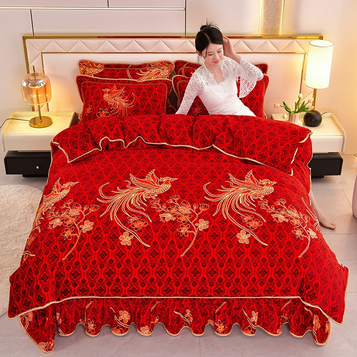 91家纺网 家纺一手货源 找家纺 硕喜 2025新款新8.5斤法莱绒四件套珊瑚牛奶金貂绒四件套床裙款 鸾凤和鸣