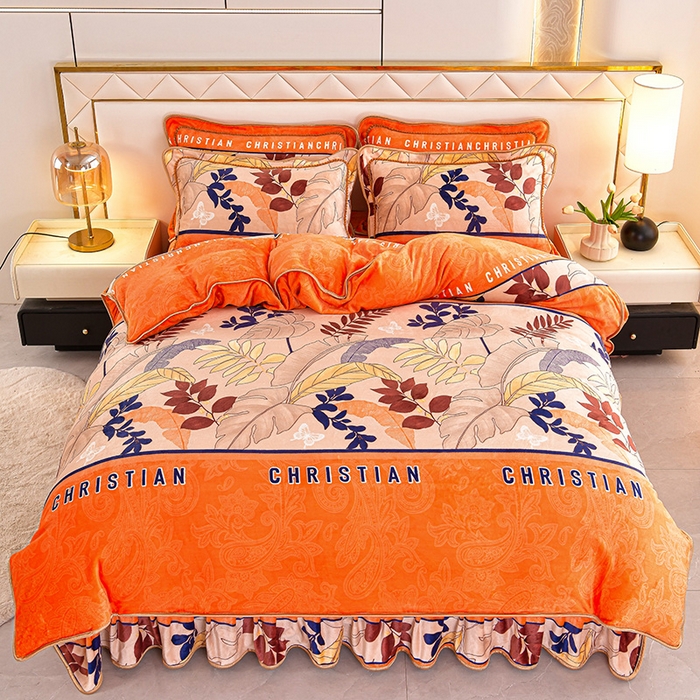 91家纺网 家纺一手货源 找家纺 硕喜 2025新款新8.5斤法莱绒四件套珊瑚牛奶金貂绒四件套床裙款 金枝玉叶