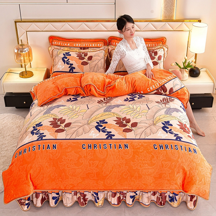 91家纺网 家纺一手货源 找家纺 硕喜 2025新款新8.5斤法莱绒四件套珊瑚牛奶金貂绒四件套床裙款 金枝玉叶