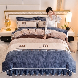 91家纺网 家纺一手货源 找家纺 硕喜 2025新款新8.5斤法莱绒四件套珊瑚牛奶金貂绒四件套床裙款 条纹密码,条纹密码