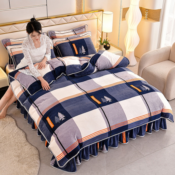 91家纺网 家纺一手货源 找家纺 硕喜 2025新款新8.5斤法莱绒四件套珊瑚牛奶金貂绒四件套床裙款 格调生活