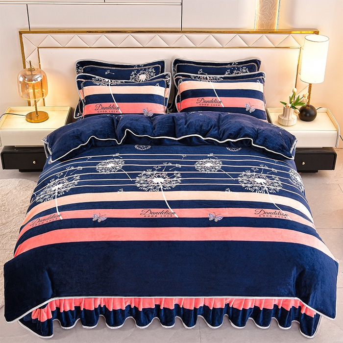 91家纺网 家纺一手货源 找家纺 硕喜 2025新款新8.5斤法莱绒四件套珊瑚牛奶金貂绒四件套床裙款 蒲公英