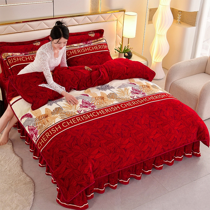 91家纺网 家纺一手货源 找家纺 硕喜 2025新款新8.5斤法莱绒四件套珊瑚牛奶金貂绒四件套床裙款 多彩人生