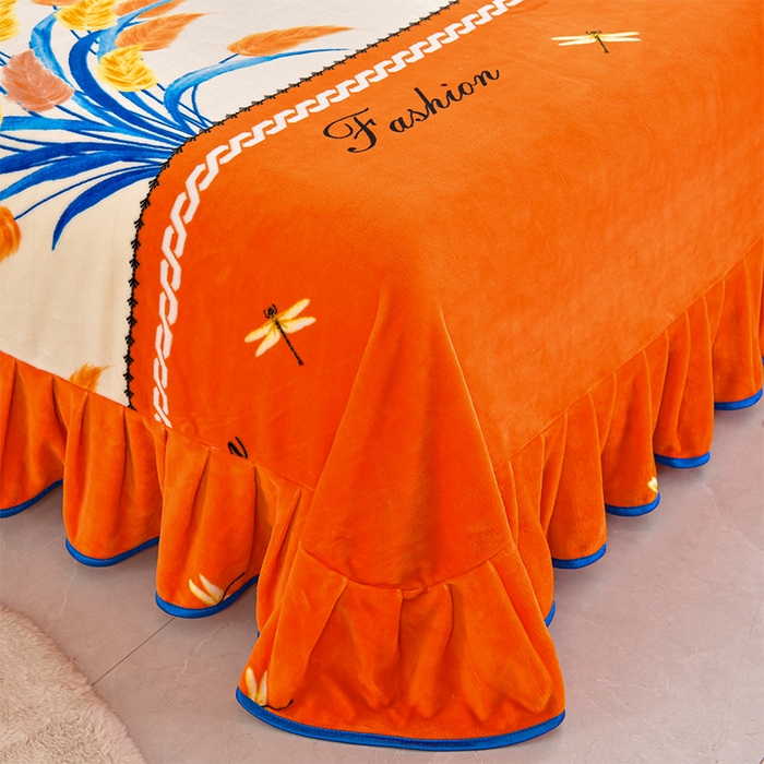 91家纺网 家纺一手货源 找家纺 硕喜 2025新款新8.5斤法莱绒四件套珊瑚牛奶金貂绒四件套床裙款 穗穗平安