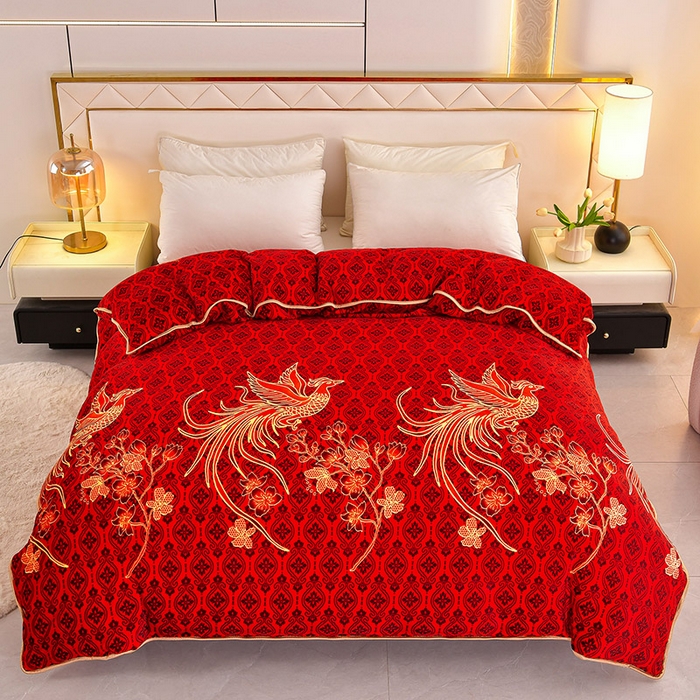 91家纺网 家纺一手货源 找家纺 硕喜 2025新款新8.5斤法莱绒四件套珊瑚牛奶金貂绒四件套床裙款 鸾凤和鸣