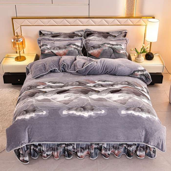 91家纺网 家纺一手货源 找家纺 硕喜 2025新款新8.5斤法莱绒四件套珊瑚牛奶金貂绒四件套床裙款 锦绣河山