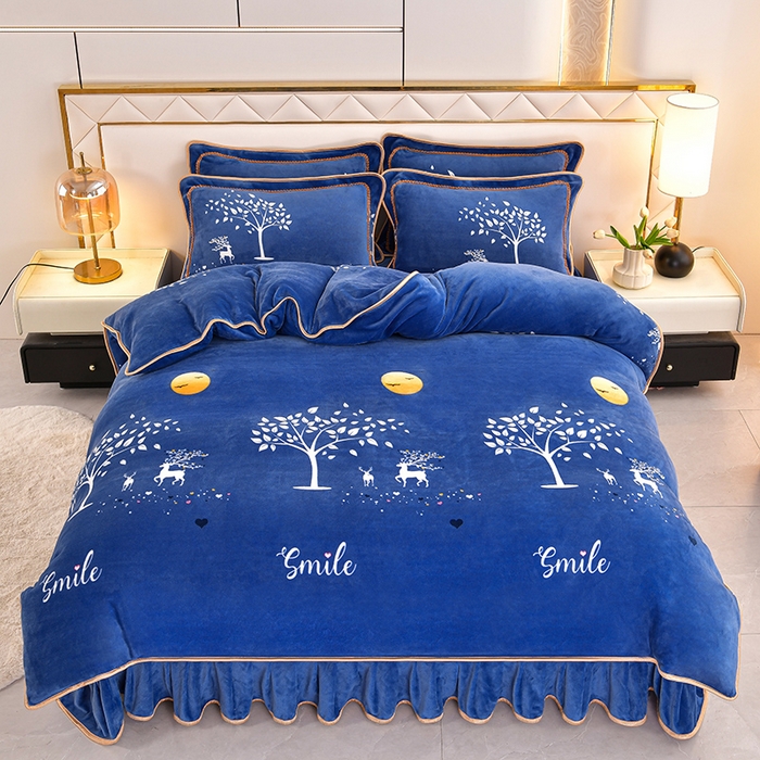 91家纺网 家纺一手货源 找家纺 硕喜 2025新款新8.5斤法莱绒四件套珊瑚牛奶金貂绒四件套床裙款 树下小鹿