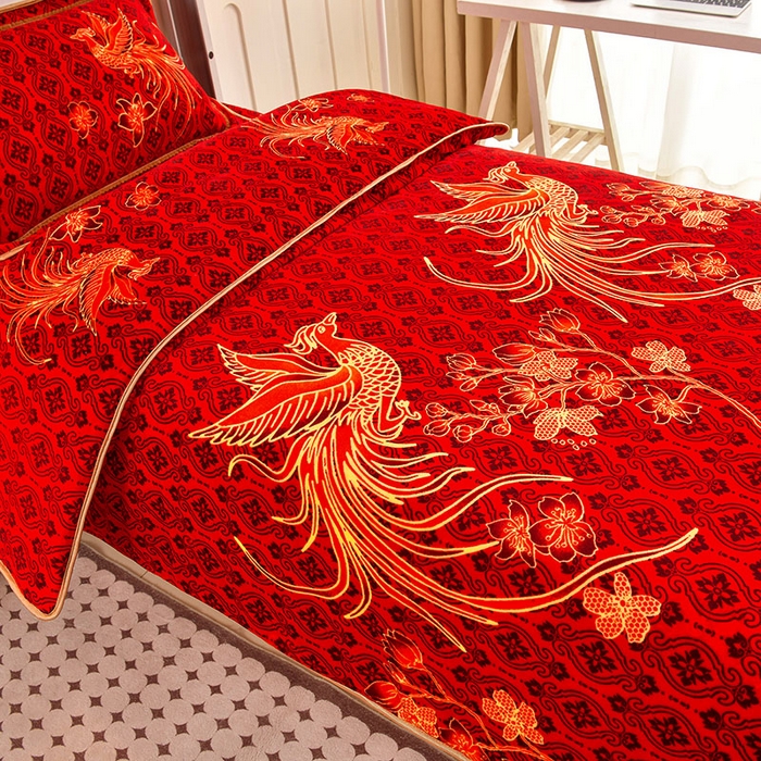 91家纺网 家纺一手货源 找家纺 硕喜 2025新款学生宿舍床系列牛奶绒学生三件套 鸾凤和鸣