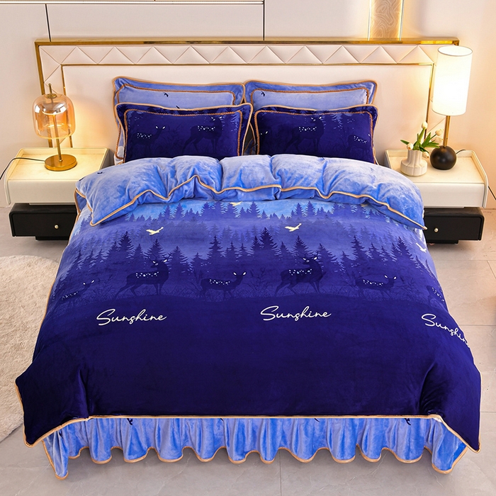 91家纺网 家纺一手货源 找家纺 硕喜 2025新款新8.5斤法莱绒四件套珊瑚牛奶金貂绒四件套床裙款 木林深处