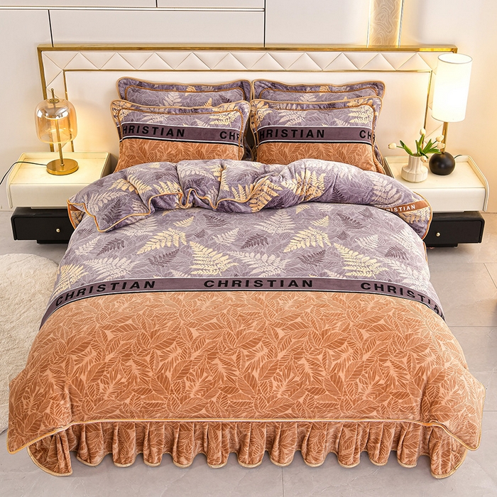 91家纺网 家纺一手货源 找家纺 硕喜 2025新款新8.5斤法莱绒四件套珊瑚牛奶金貂绒四件套床裙款 相思叶语